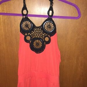 Orange Embroidered Neckline Halter Dress